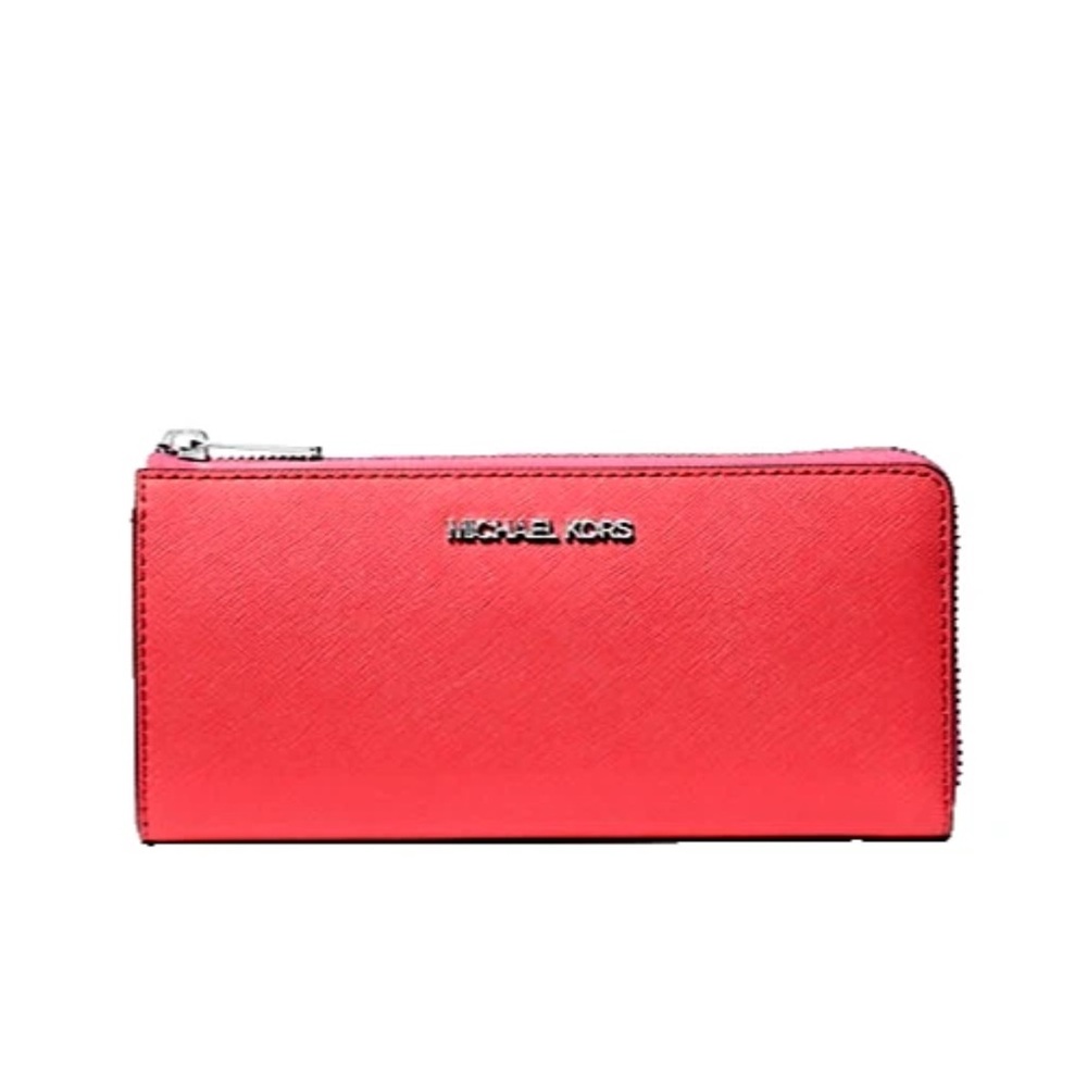 New Michael Kors Jet Set Travel Large Leather Quarter-Zip Wallet Hibiscus